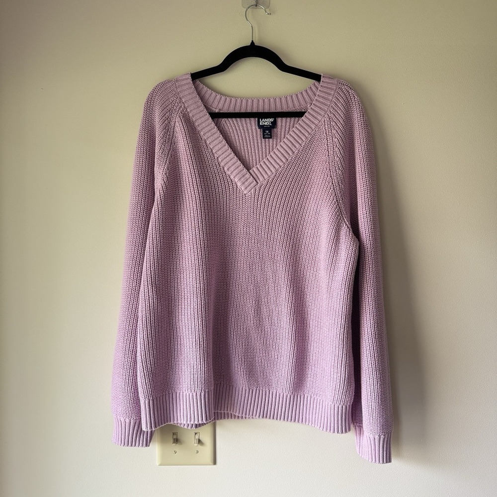 Lands' End Drifter Shaker Knit V-Neck Sweater Pink Plus Size 1X 100%  Cotton